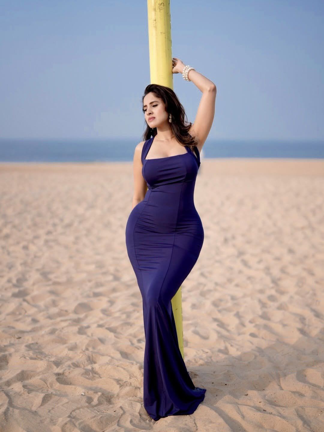 Priyanka Kholgade Blue Dress Beach Look Stunner