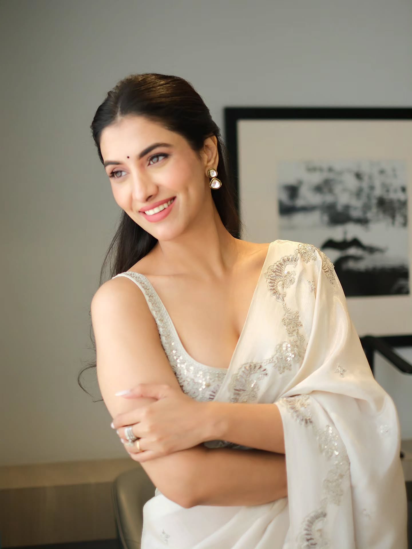Rukmini Maitra white saree close up look