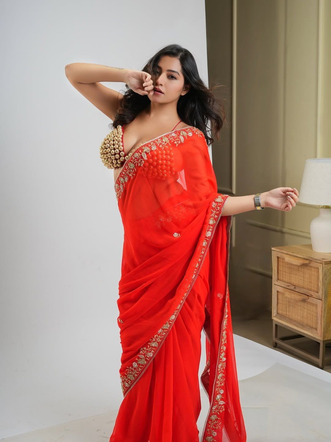 Simran Kaur Radiant In Red Saree At Photoshoot.