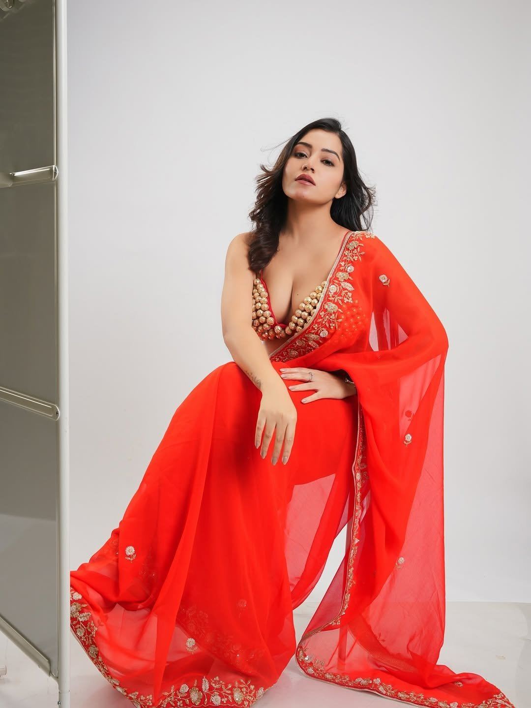 Simran Kaur Playful Smile In Red Saree Gold Bead