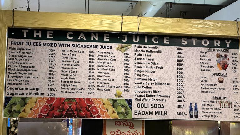 Sugarcane juice price at Hyderabad mall