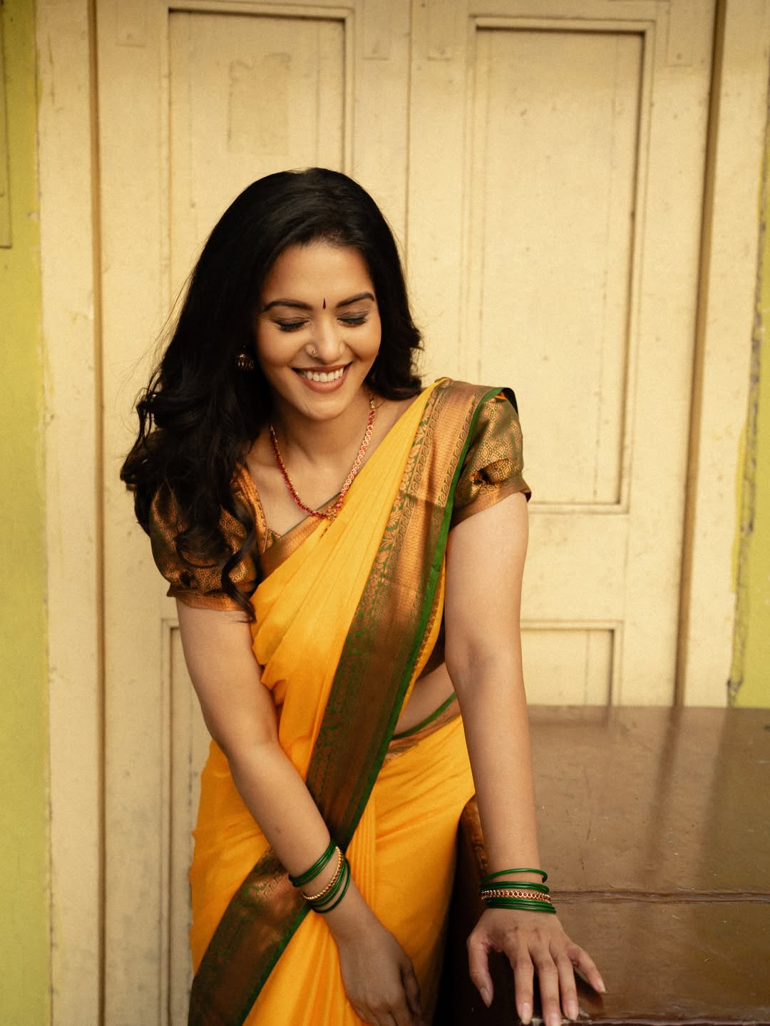 Swathishta Krishnan Candid Smile In Ethnic Wear