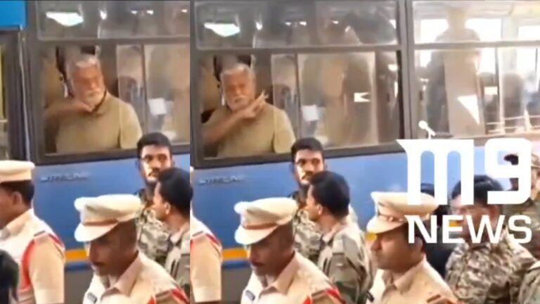 Ambati Rambabu making ‘Taggedele’ gesture while being produced at Guntur Civil Judge Court in lottery case