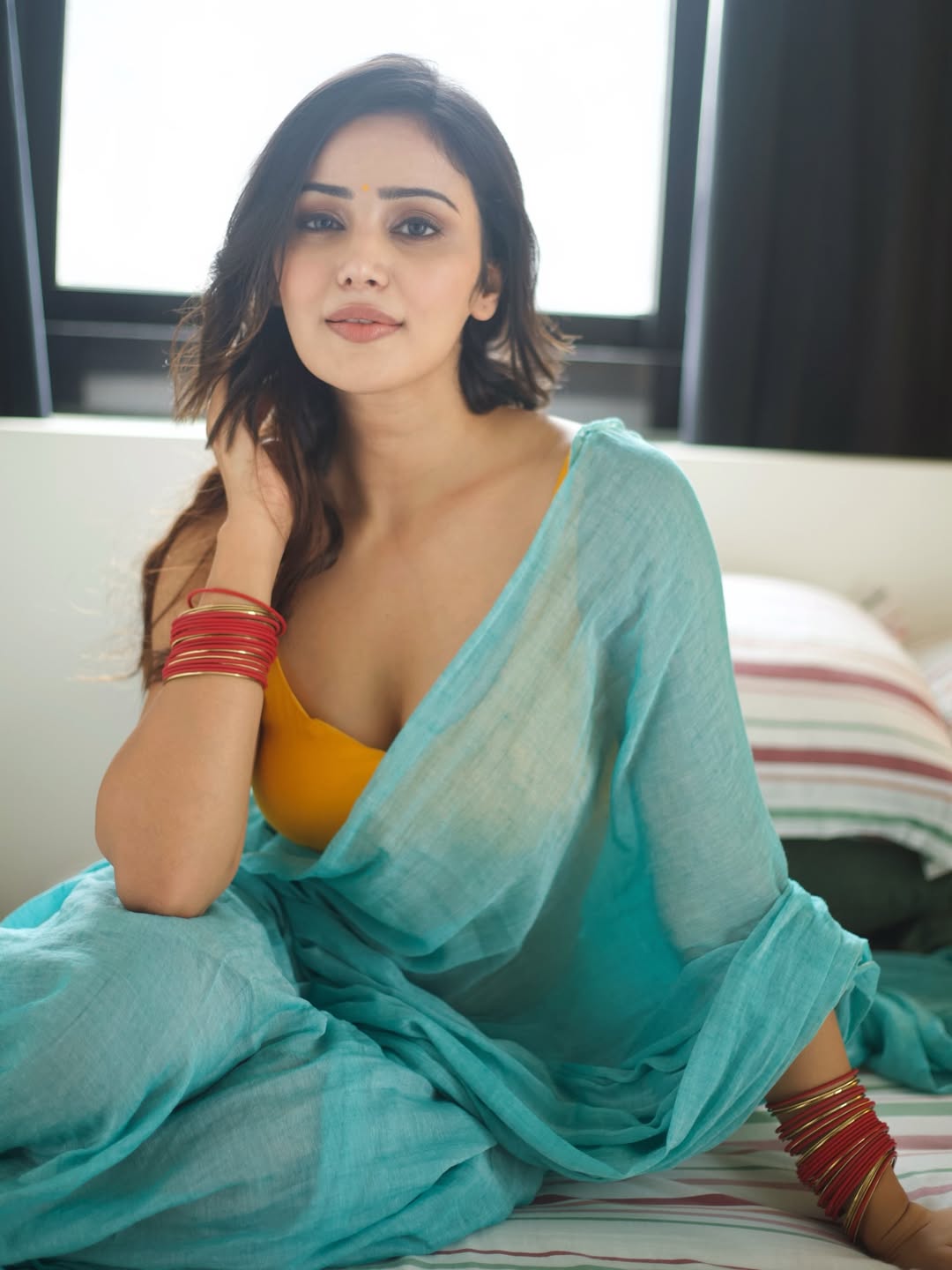 Stunning Actress In Yellow Blouse And Blue Saree