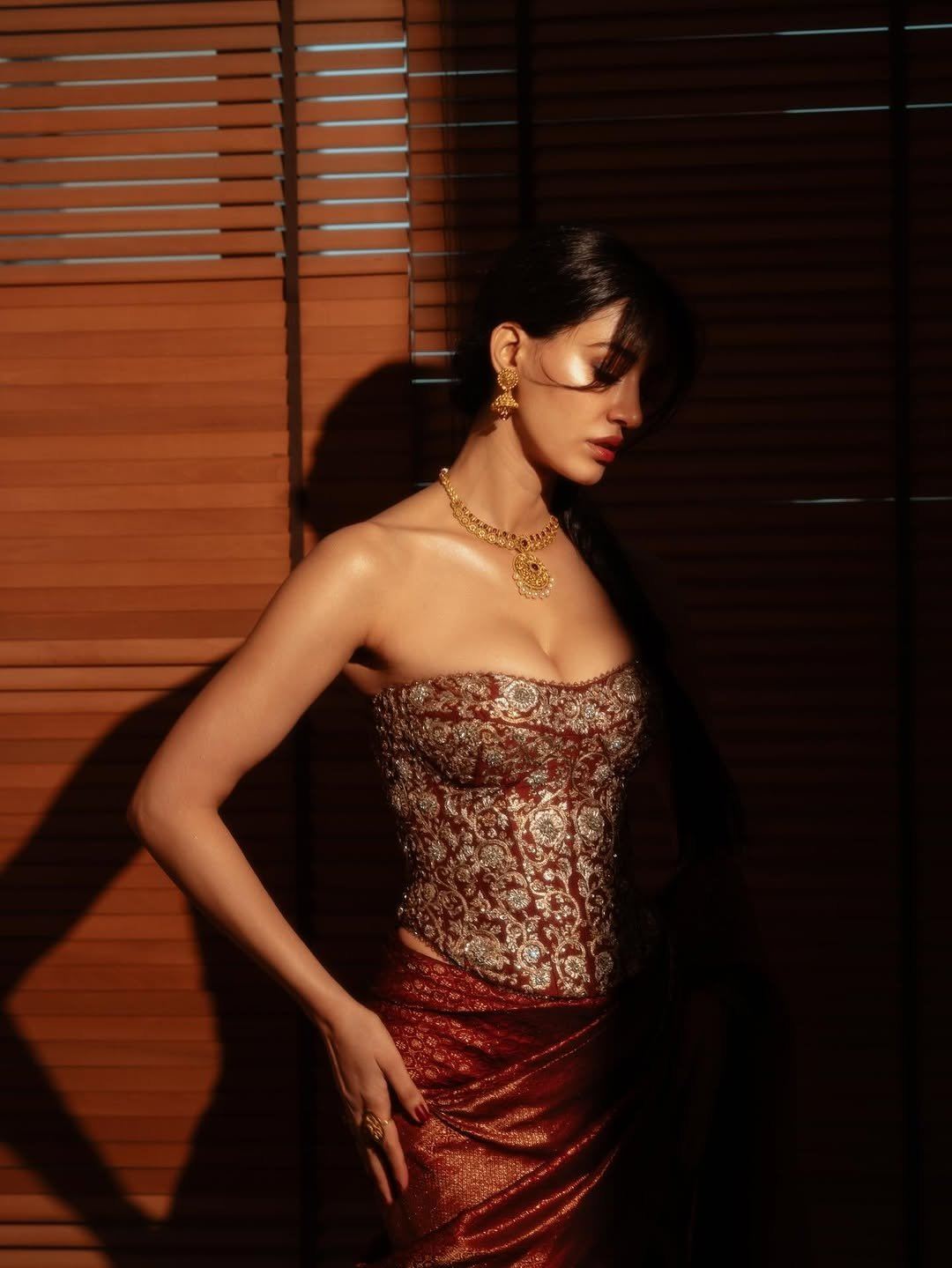 Edgy Metallic Maroon Saree Drape On Disha Look!!