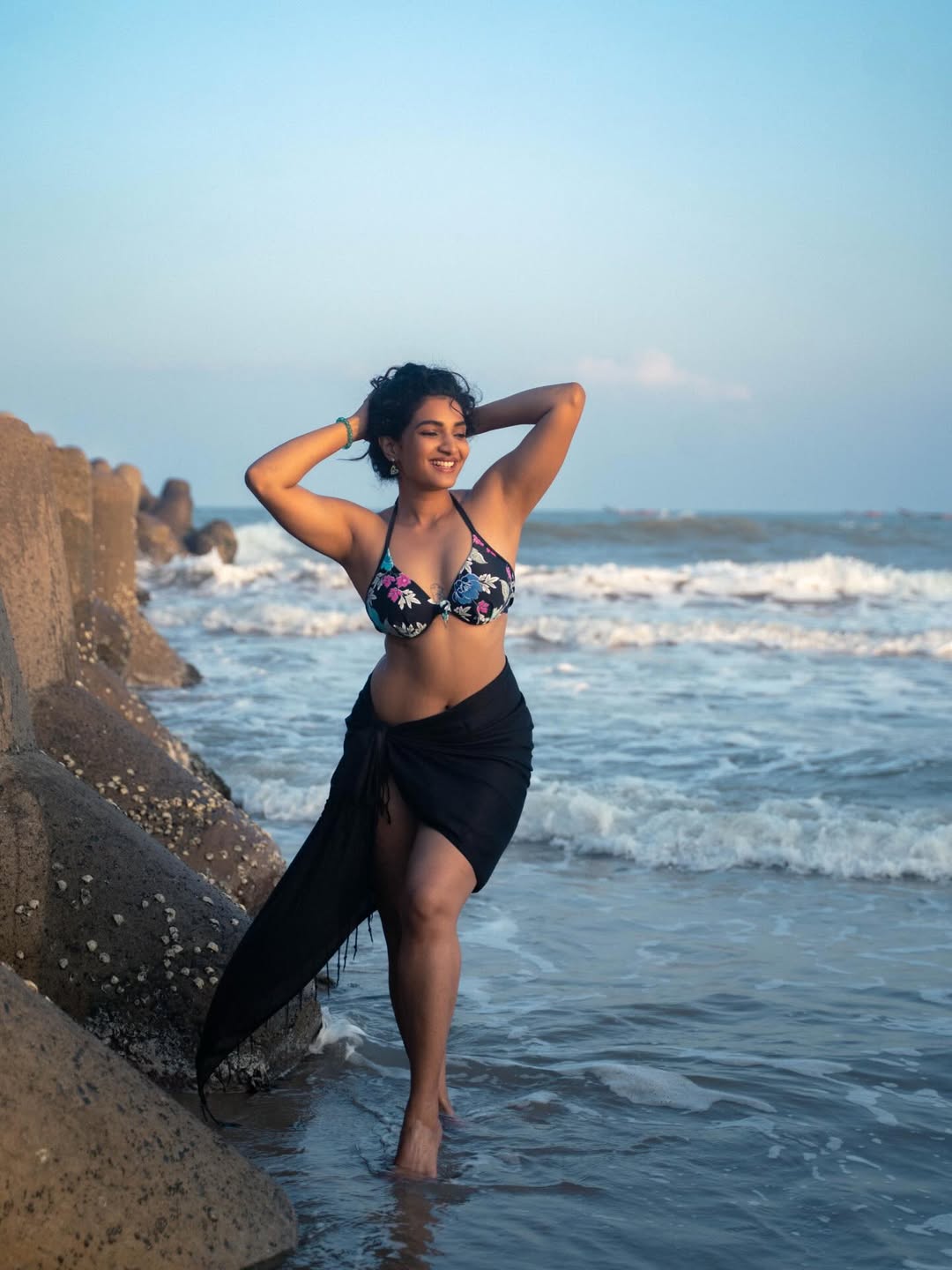 Gayatri Chaganti Smiling In Black Beach Sarong