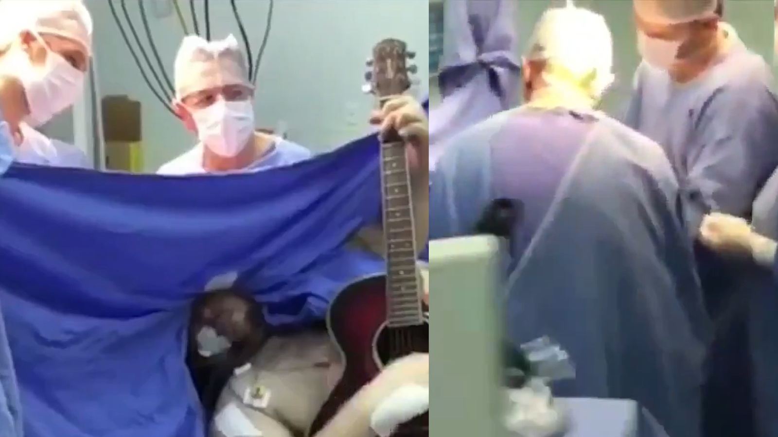 Patient playing music during awake brain surgery