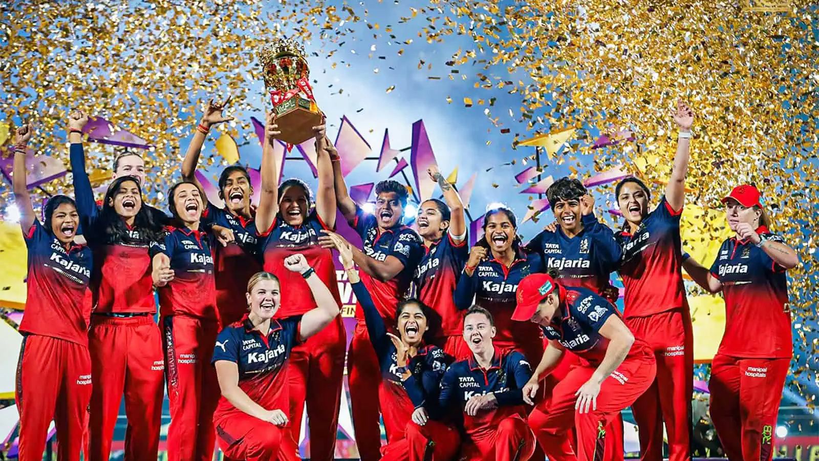 RCB players celebrating hat-trick titles from 2024 to 2026 marking the franchise’s golden era
