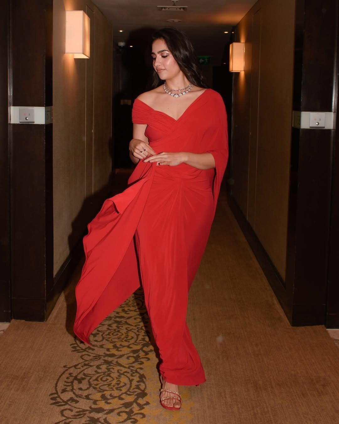 Rukmini Vasanth Stunning Red Draped Look