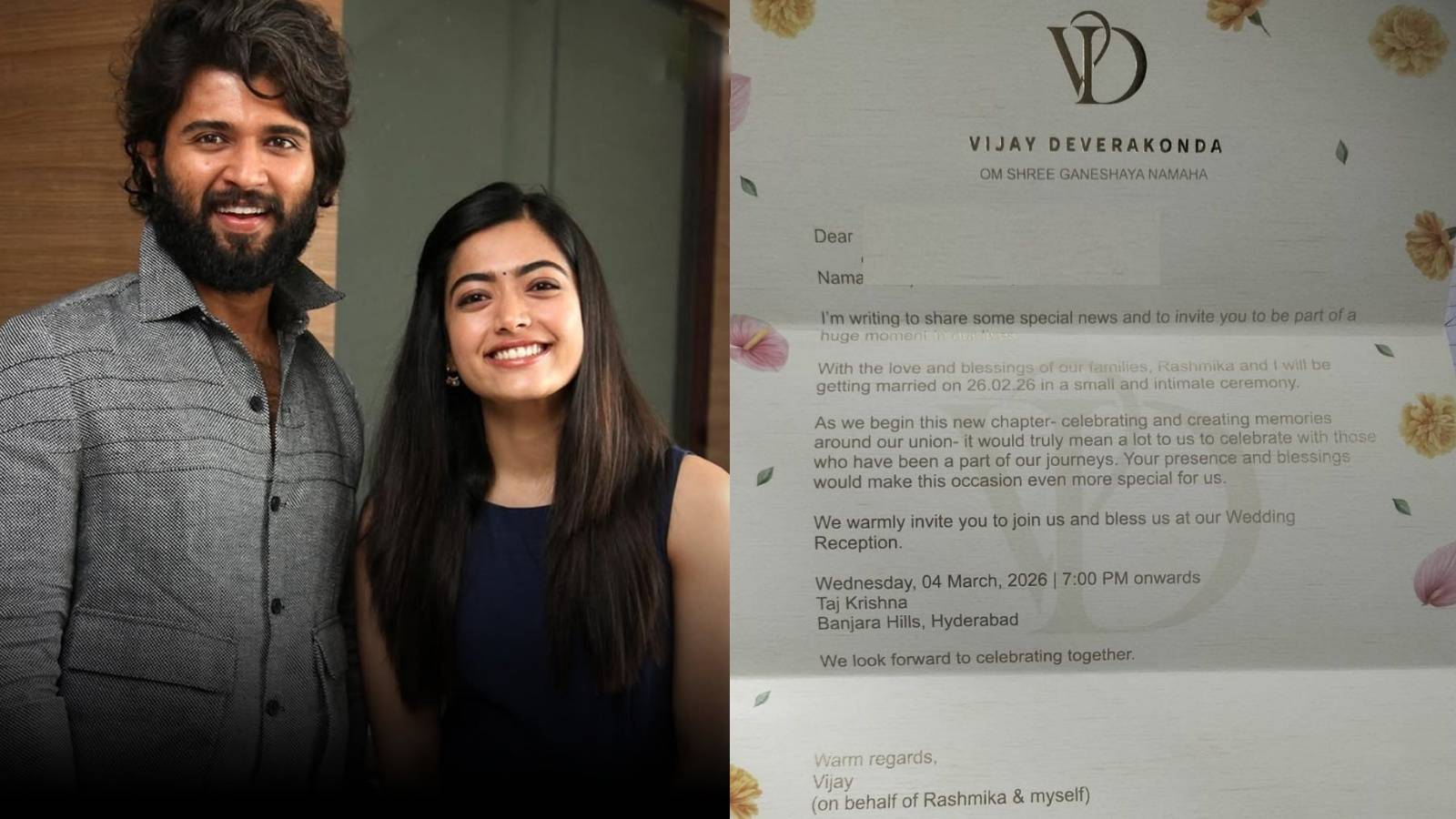 Vijay Rashmika wedding reception invite