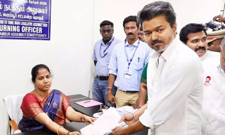Actor Vijay filing nomination for TVK party in Tamil Nadu elections at Perambur