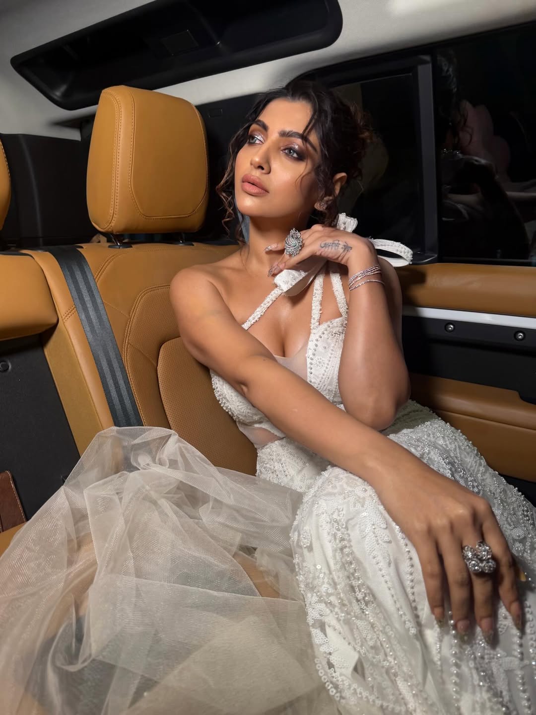 Akanksha Puri In Sheer White Net Embellished Fit