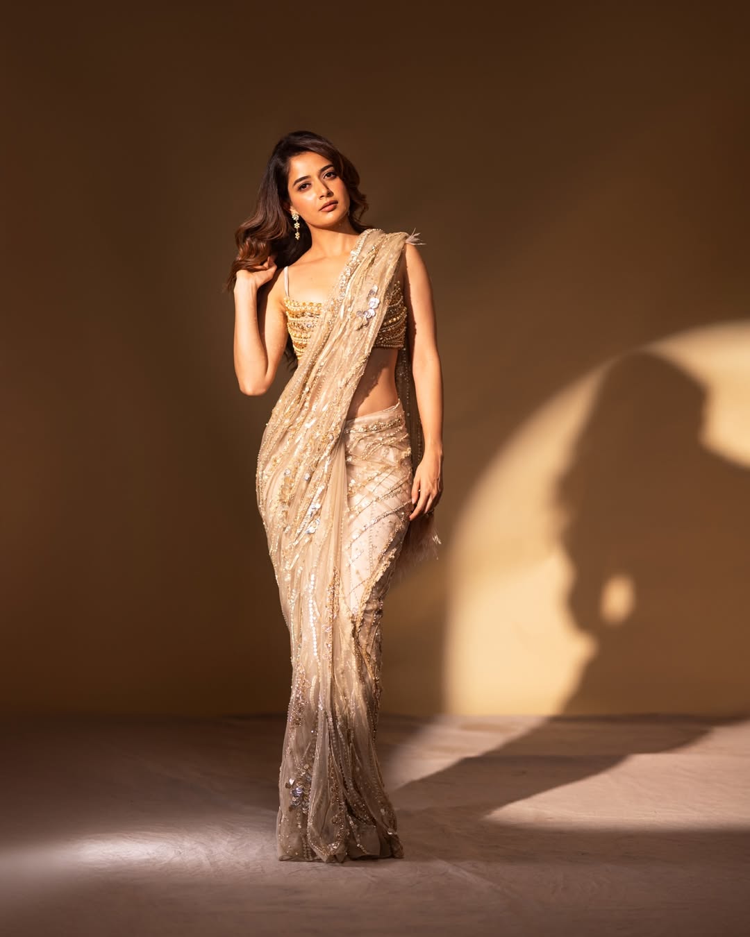 Ashika Ranganath Radiant In Gold Sequin Saree