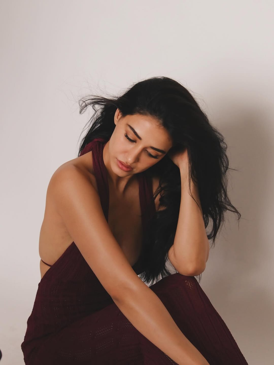 Disha Patani Intense Gaze In Maroon Bodycon Set