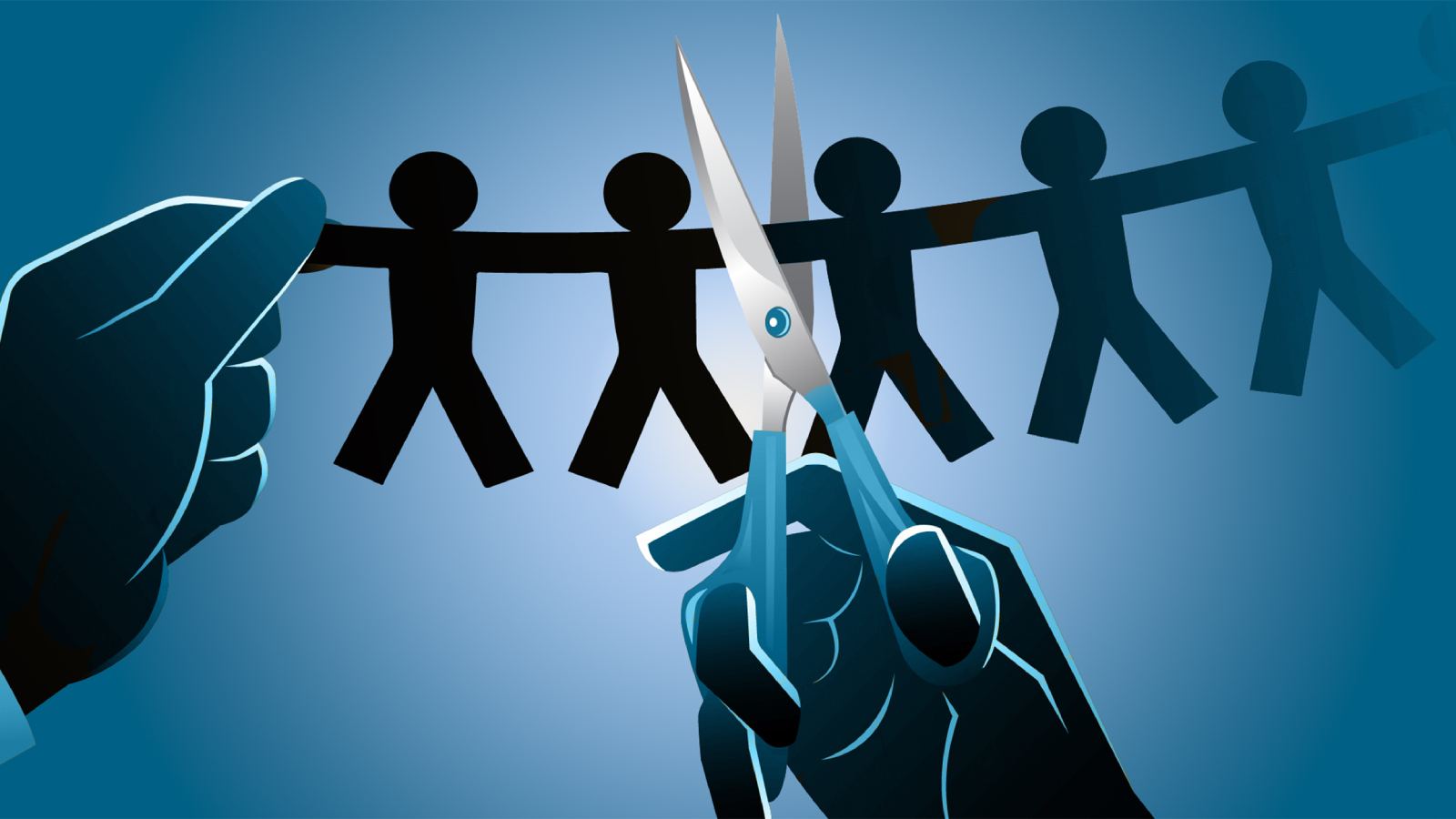 Illustration of job insecurity and layoffs in the tech industry amid AI and corporate restructuring