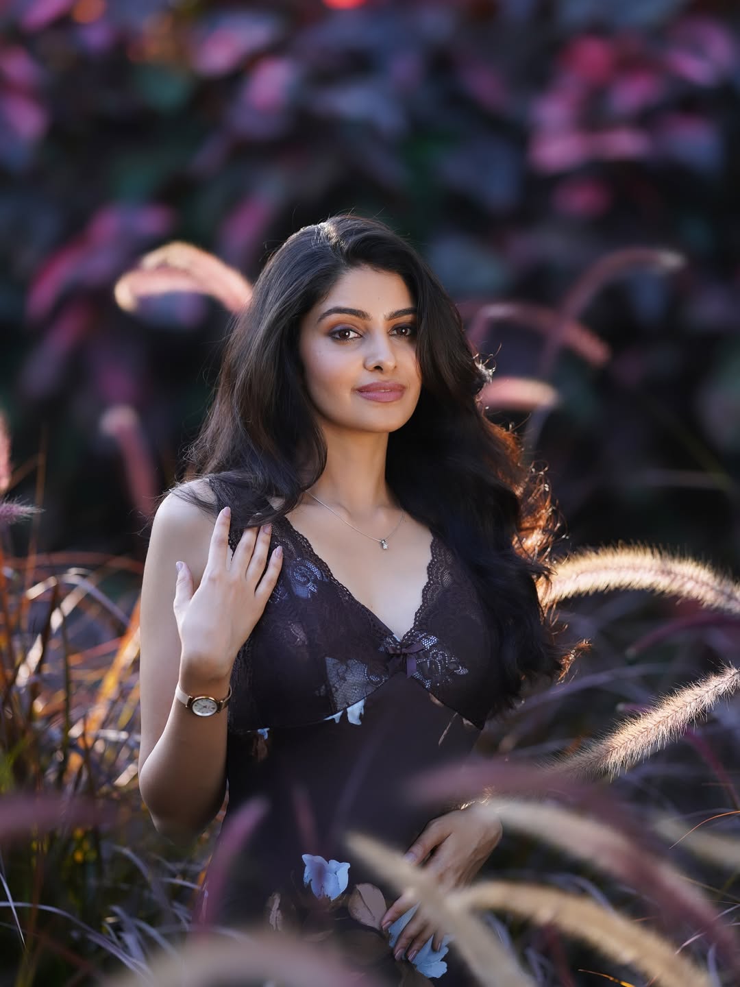 Manasa Varanasi Elegant Garden Pose In Chic Dress