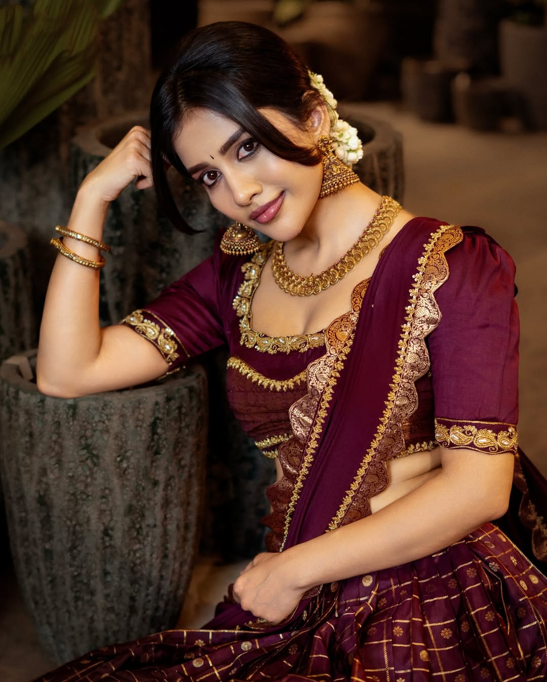 Nabha Natesh Poised In Shimmering Silk Skirt
