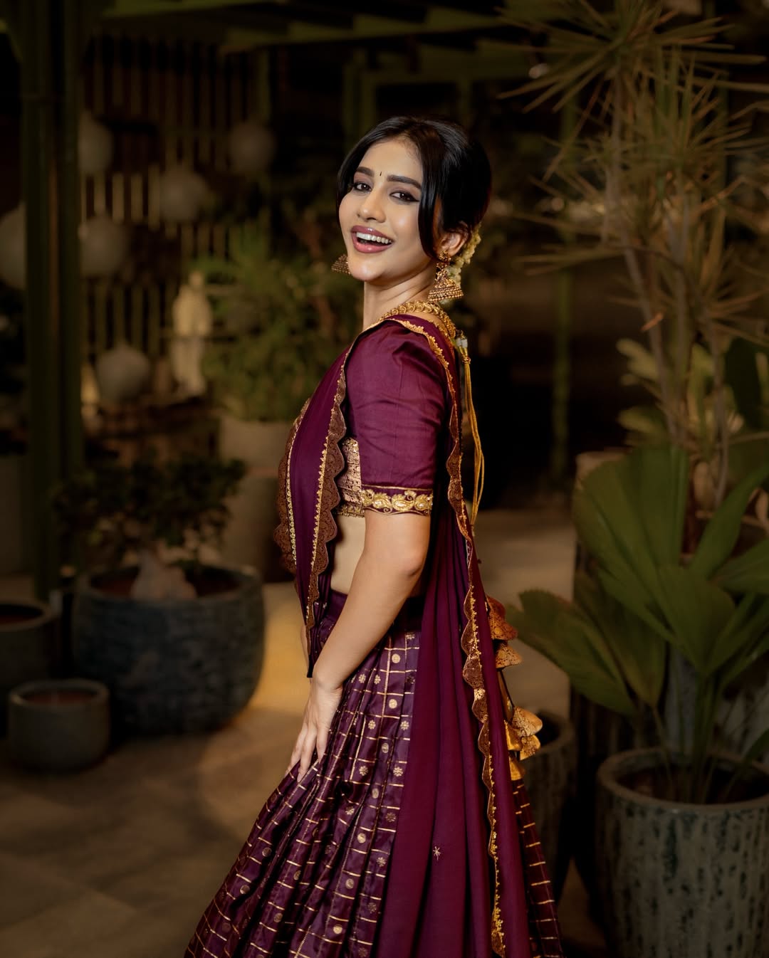 Nabha Natesh Bold Wine Blouse Gold Embroidery
