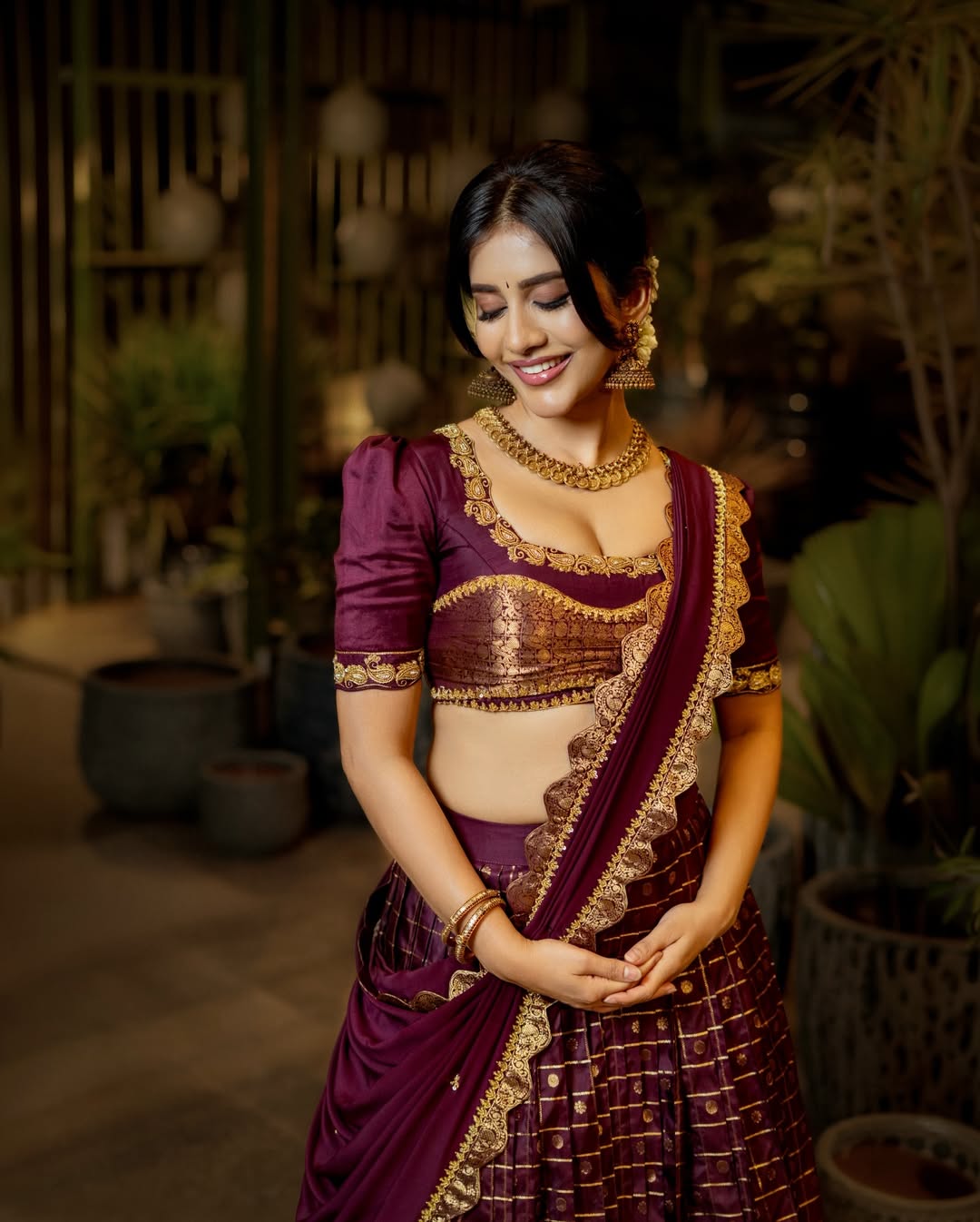Nabha Natesh Radiant In Wine Silk Half Saree