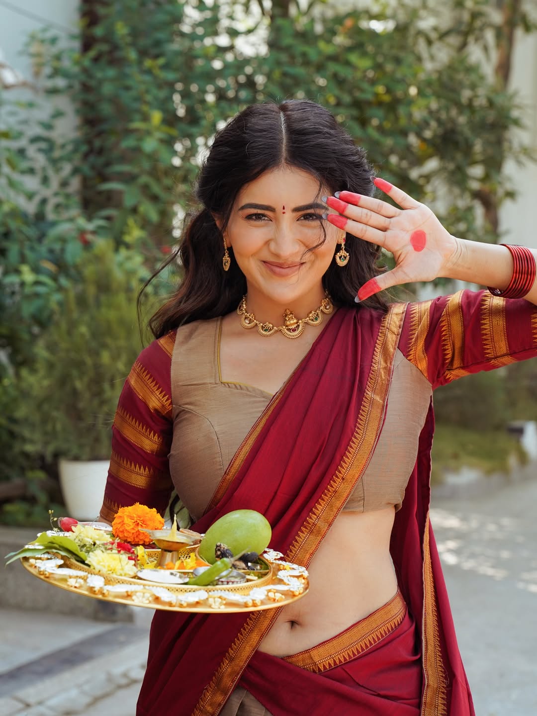 Rashi Singh Radiant In Maroon Silk Half Saree