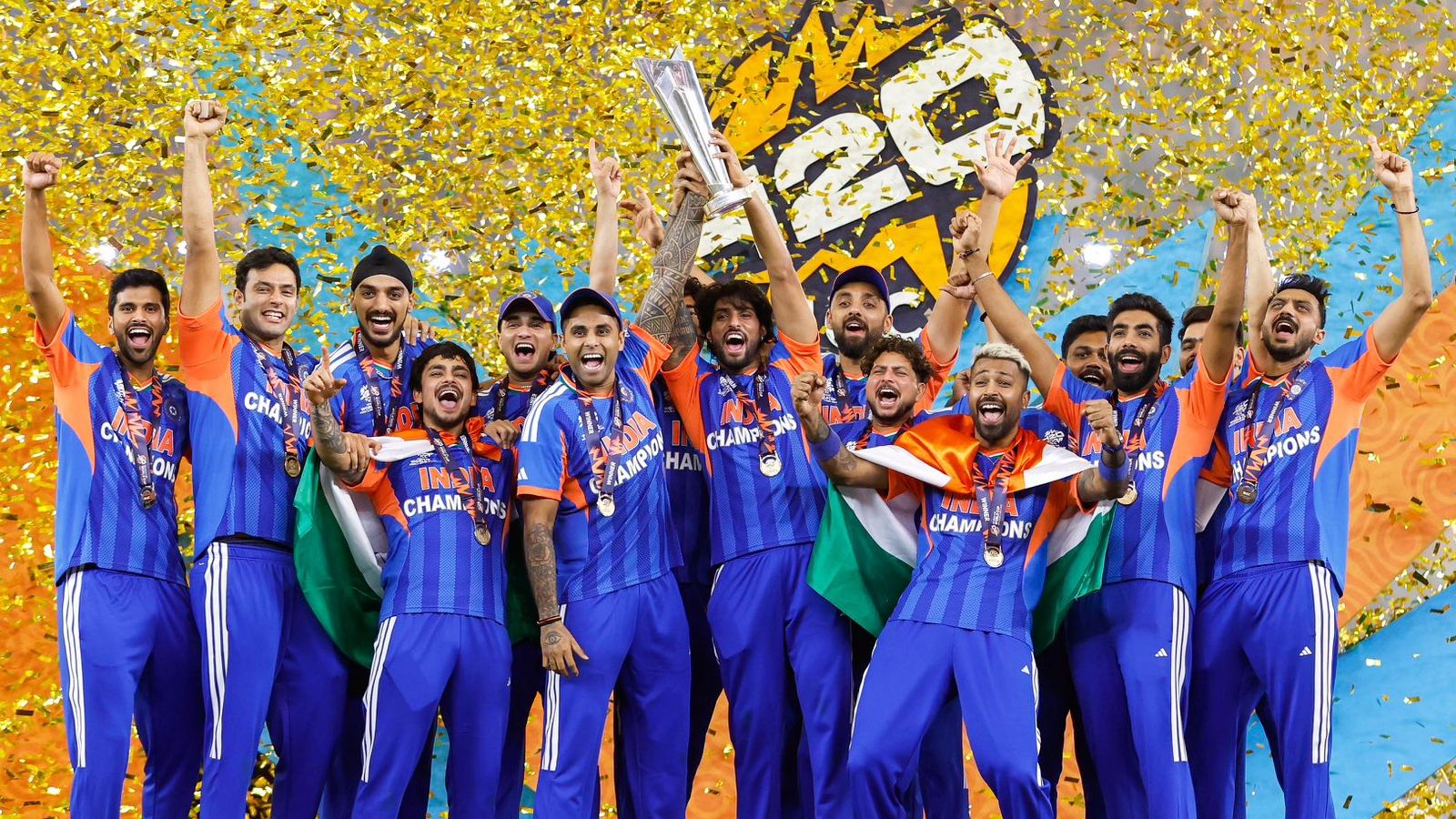 Team India celebrating 96-run victory over New Zealand in the T20 World Cup final at Ahmedabad stadium.