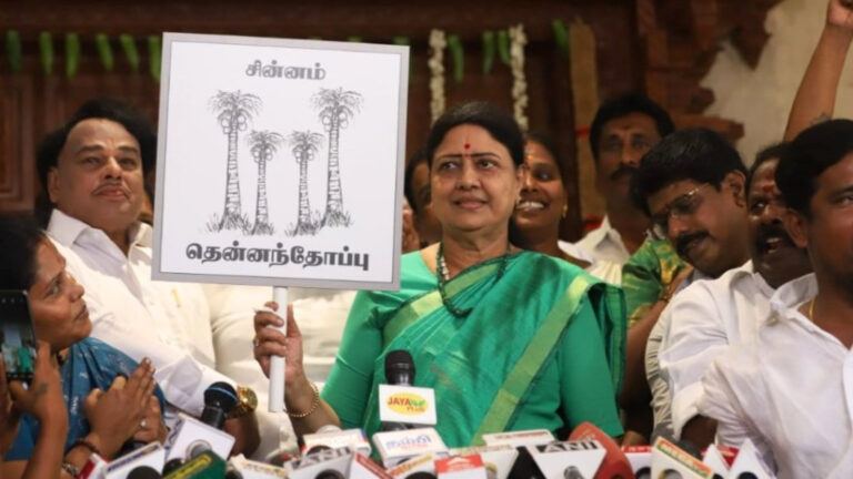 VK Sasikala announcing her new political party All India Puratchi Thalaivar Makkal Munnetra Kazhagam during a media interaction in Chennai.