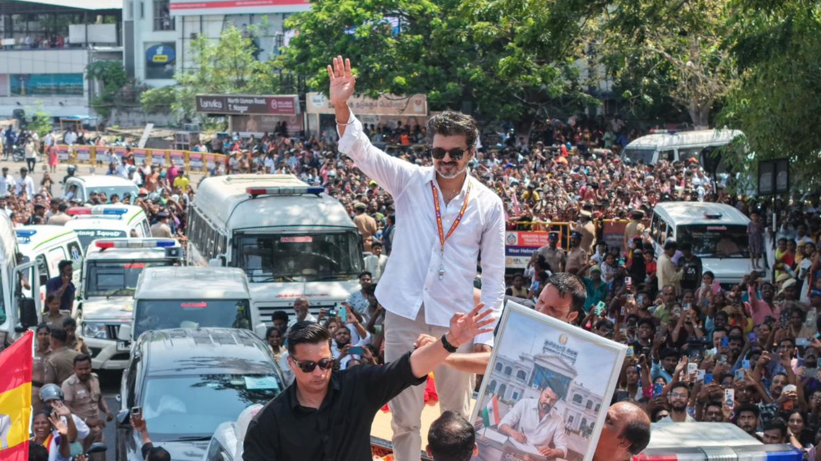 Actor Vijay addressing supporters during Tamil Nadu election campaign