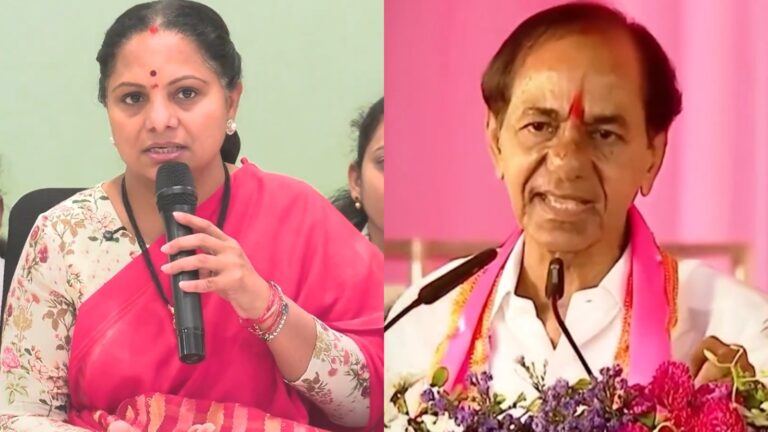 Kalvakuntla Kavitha addressing media while criticising KCR and BRS leadership