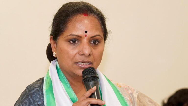 Kalvakuntla Kavitha addressing supporters during her new political party launch event in Telangana