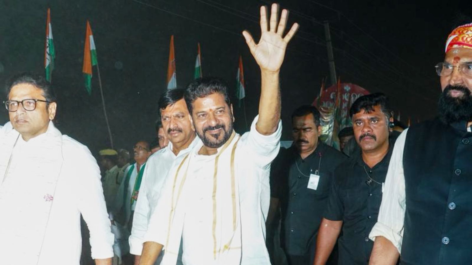 Revanth Reddy addressing public meeting targeting KCR and BRS