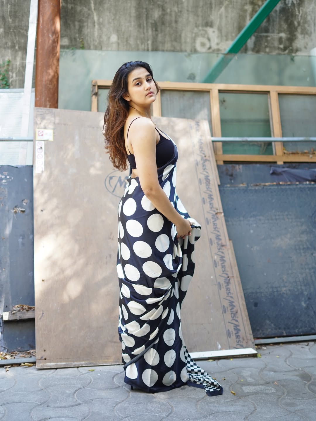 Sowmika Poses Boldly In Polka Dot Silk Saree