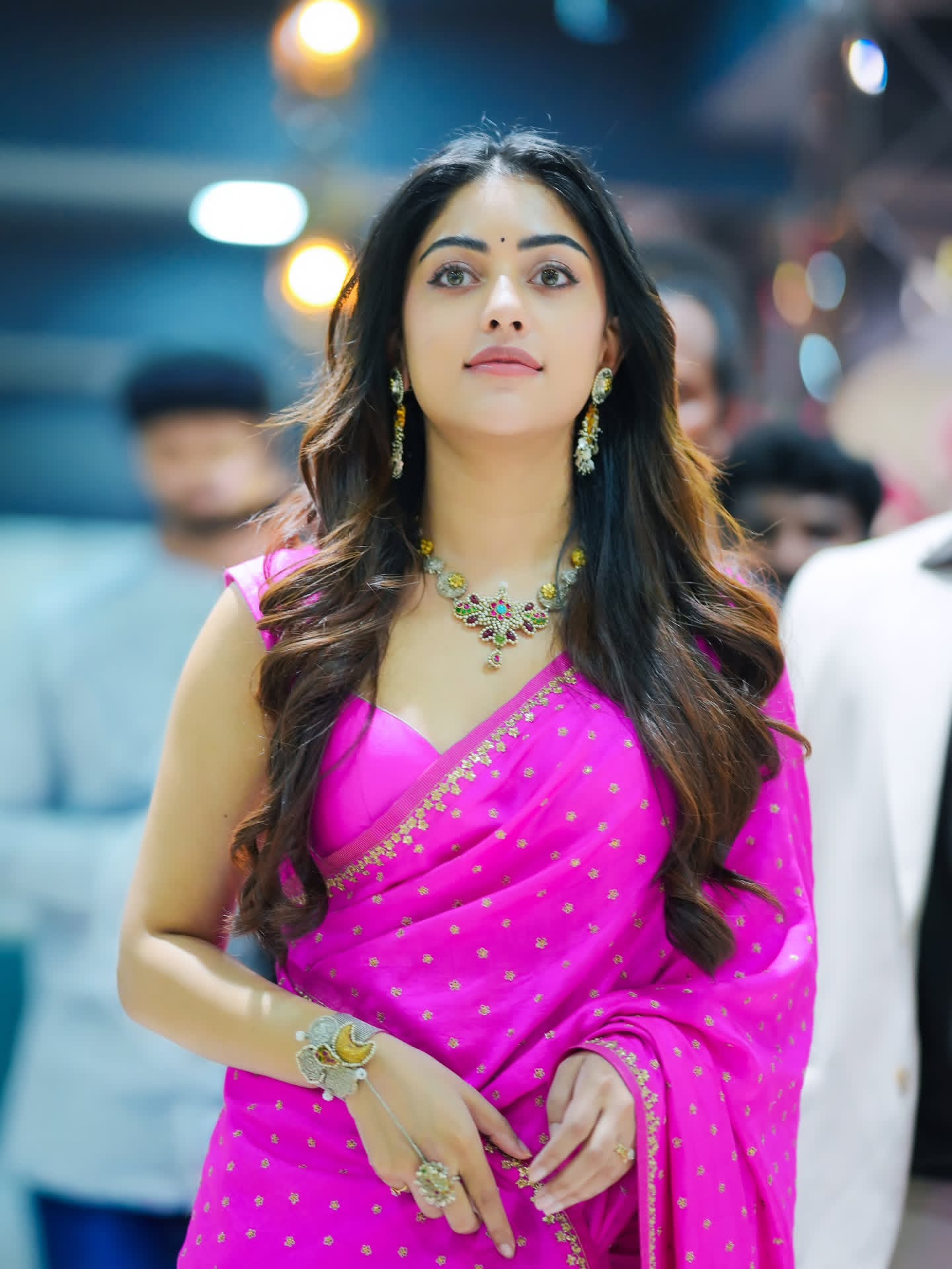 Anu Emmanuel Looking Up Smiling In Pink Saree