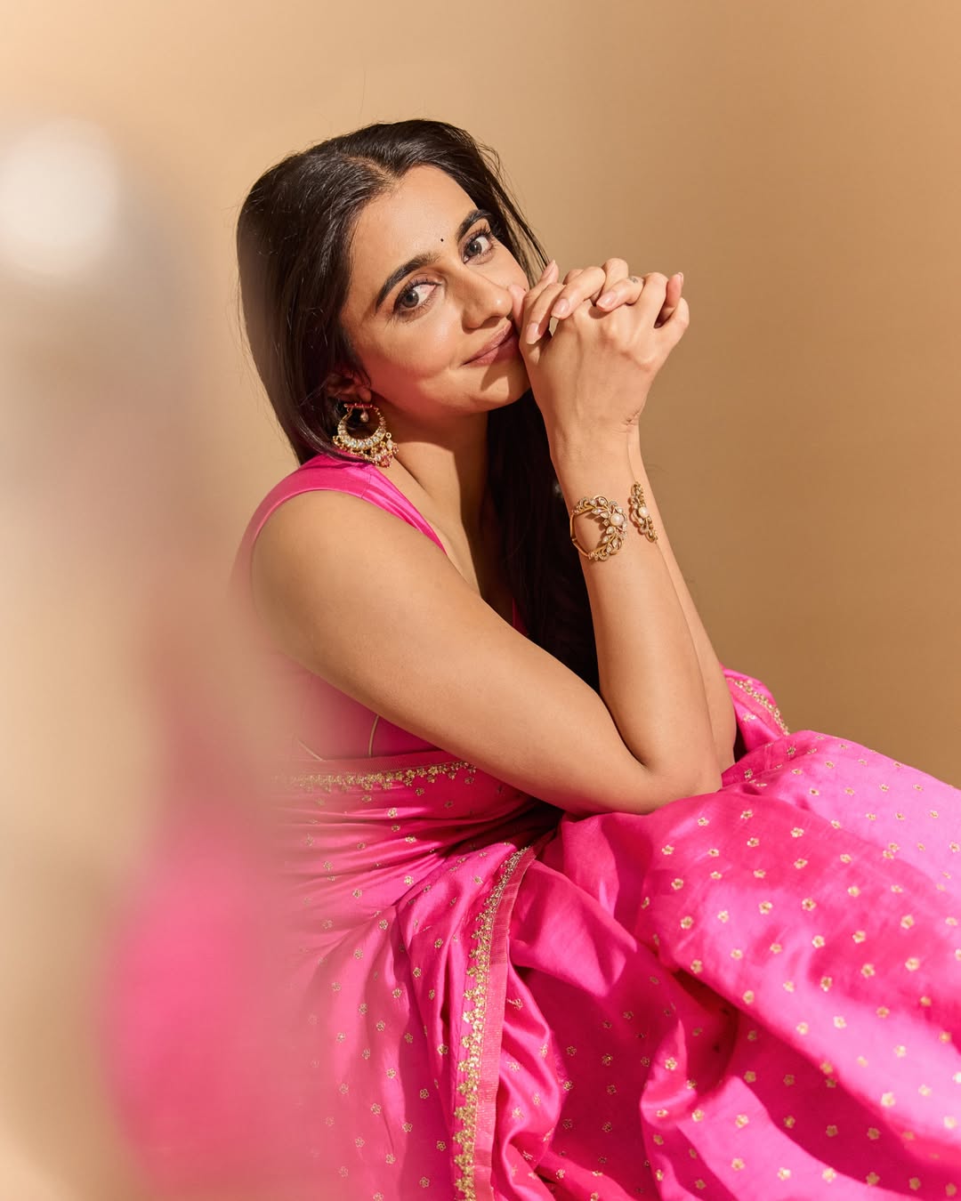 Bold Maanasa Choudhary Folded Hands Saree Pose