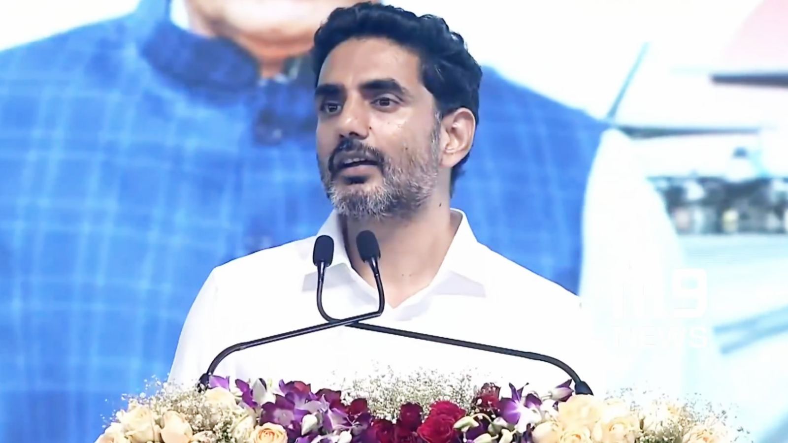 Nara Lokesh delivering Hindi speech before Rajnath Singh at AMCA project launch in Andhra Pradesh
