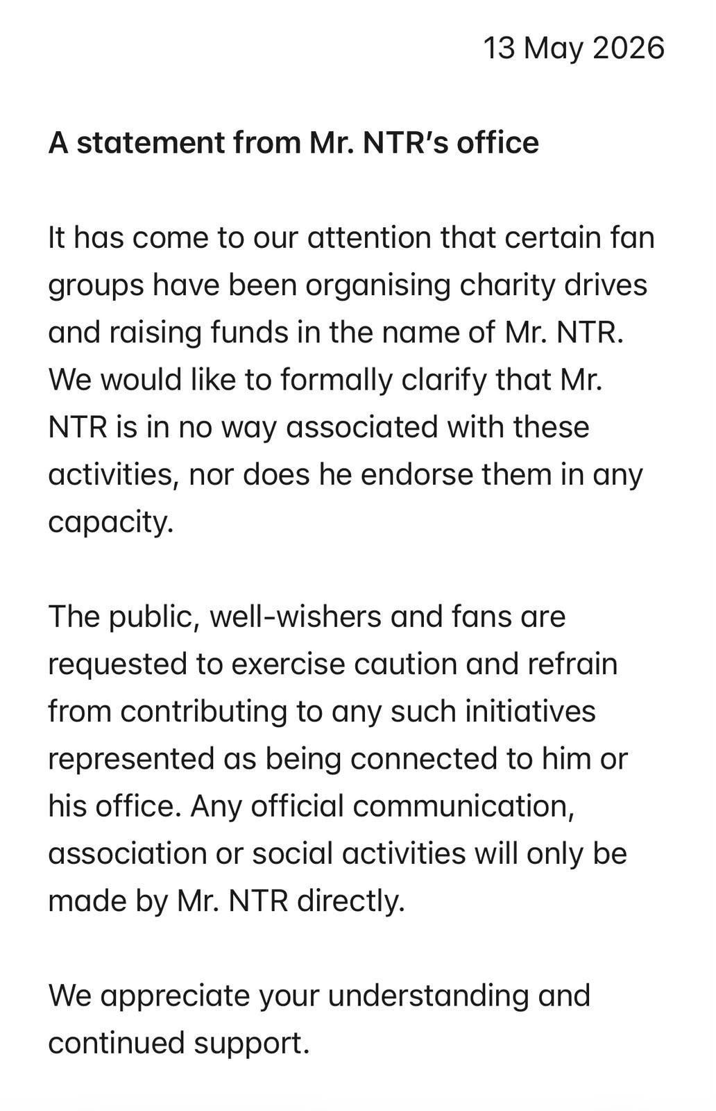 NTR warning on fake charity drives