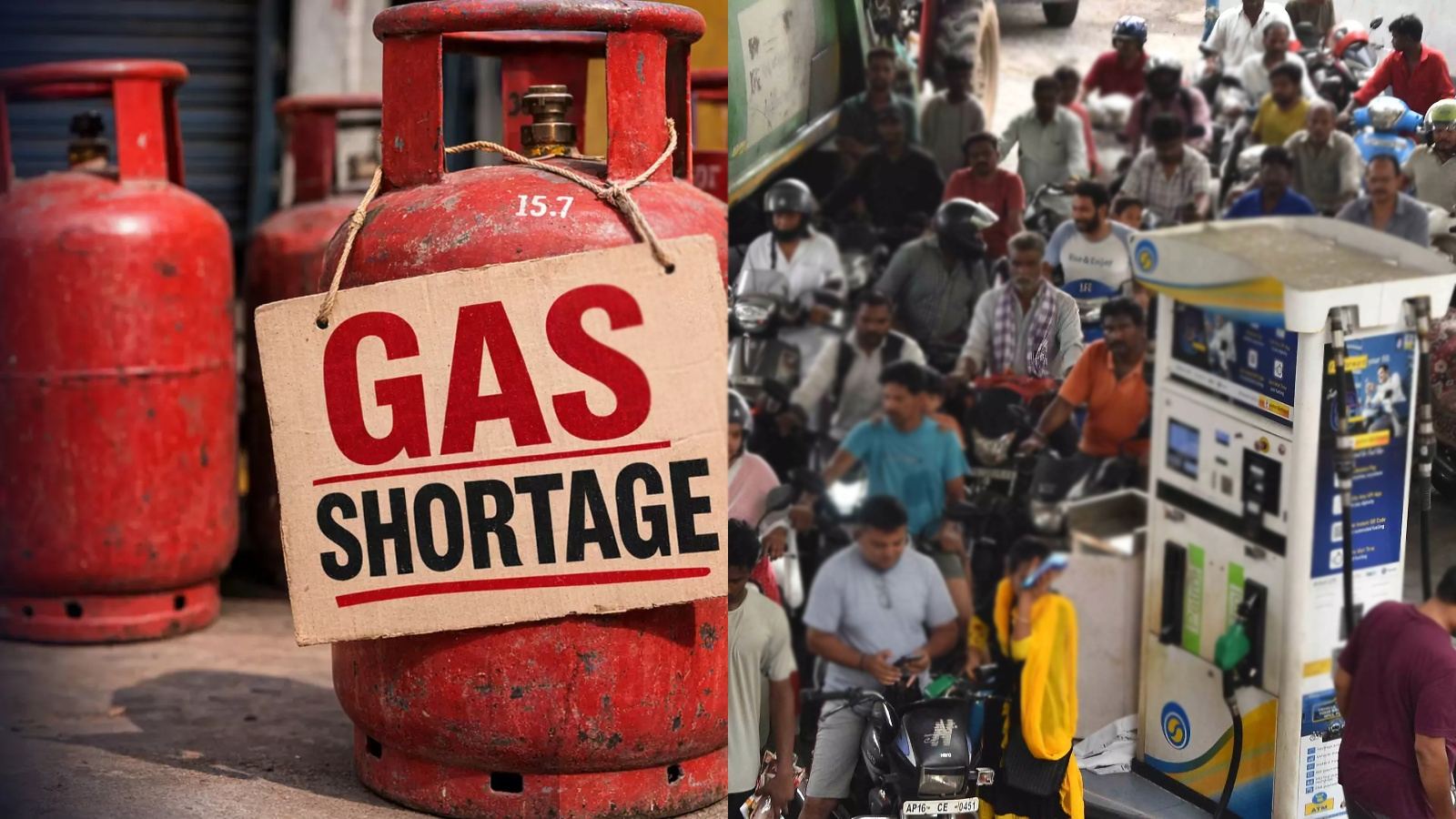 People standing in long queues at petrol bunk and gas cylinders showing price hike impact on businesses and daily life