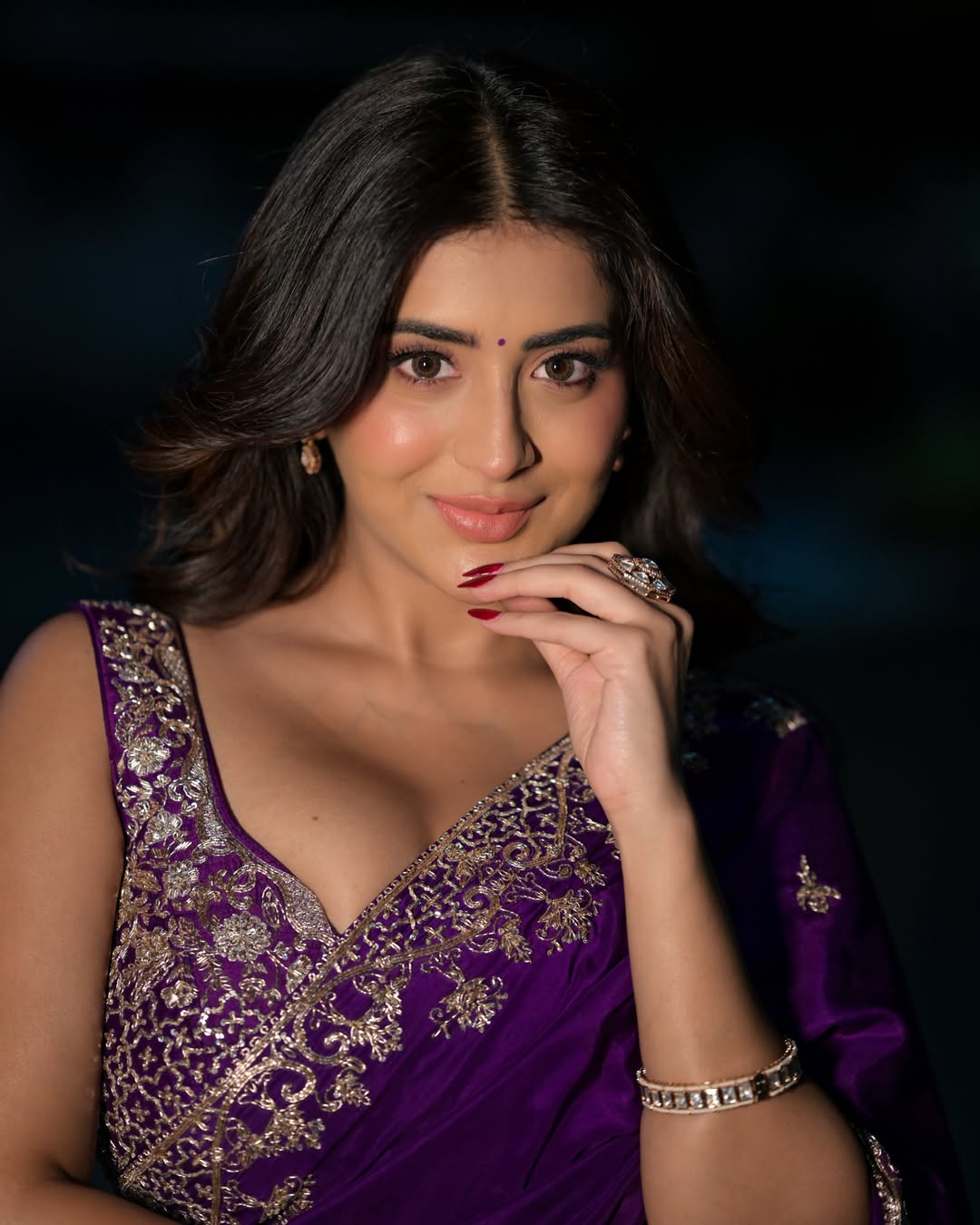 Rashi Singh Holding Chin Shimmering Ring Close Up