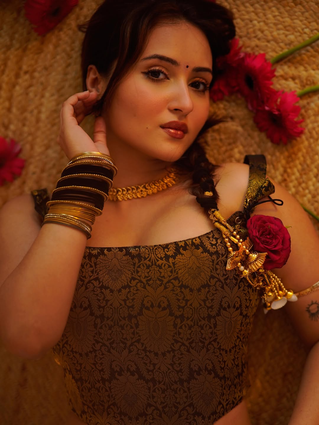 Varsha Rekhate Edgy Look In Black Gold Saree Skirt