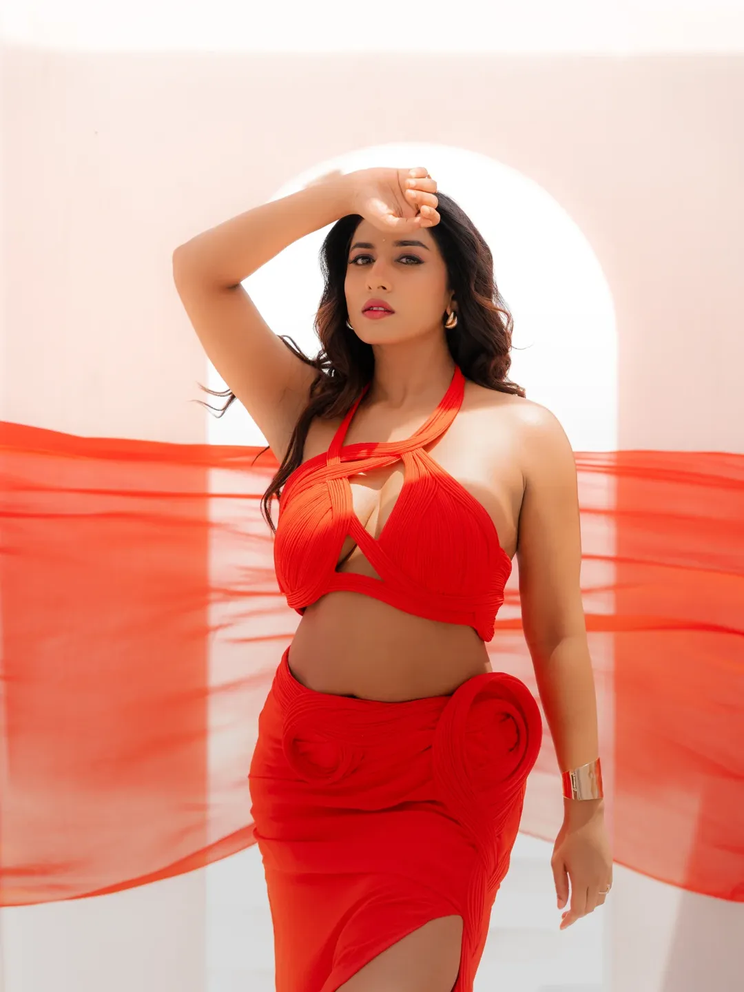 Vishnu Priya Edgy Look In Red Drapery Stills