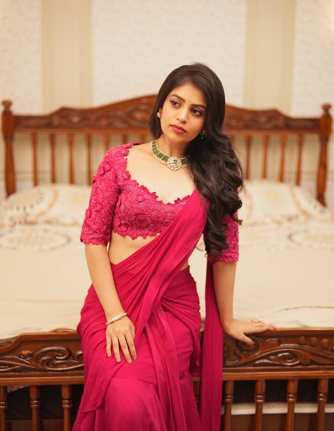 Bandhavi Sridhar Posing In Embroidered Pink Top