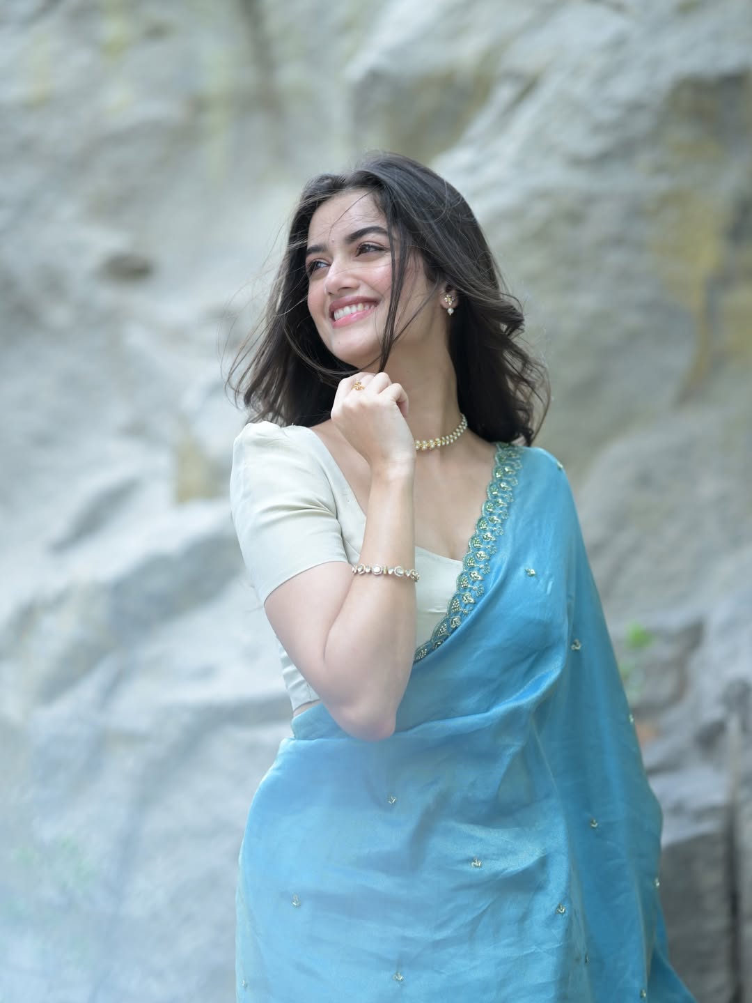 Bhagyashri Borse Smiling Sweetly In Blue Saree