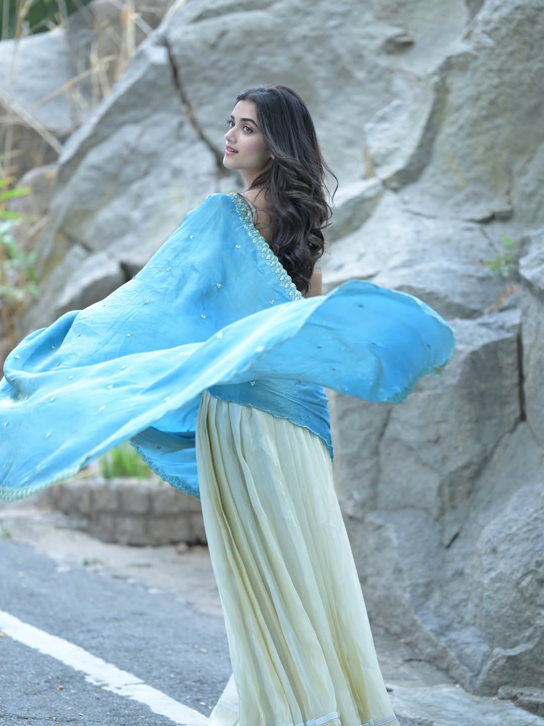 Bhagyashri Borse Flaunting Embroidered Saree Pallu