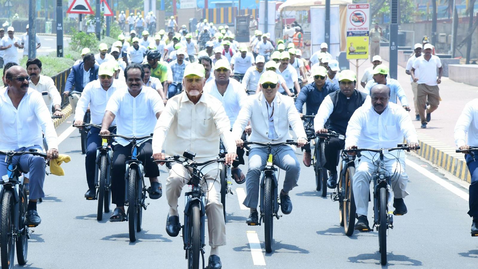 Chandrababu Naidu participates in a cycling rally in Visakhapatnam, showcasing his fitness and active lifestyle at the age of 76.