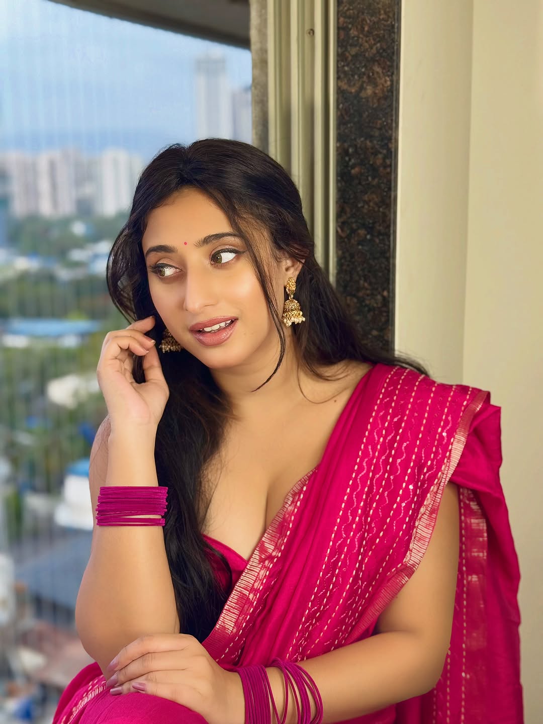 Kheyali Nath In Magenta Silk Saree Looking Away