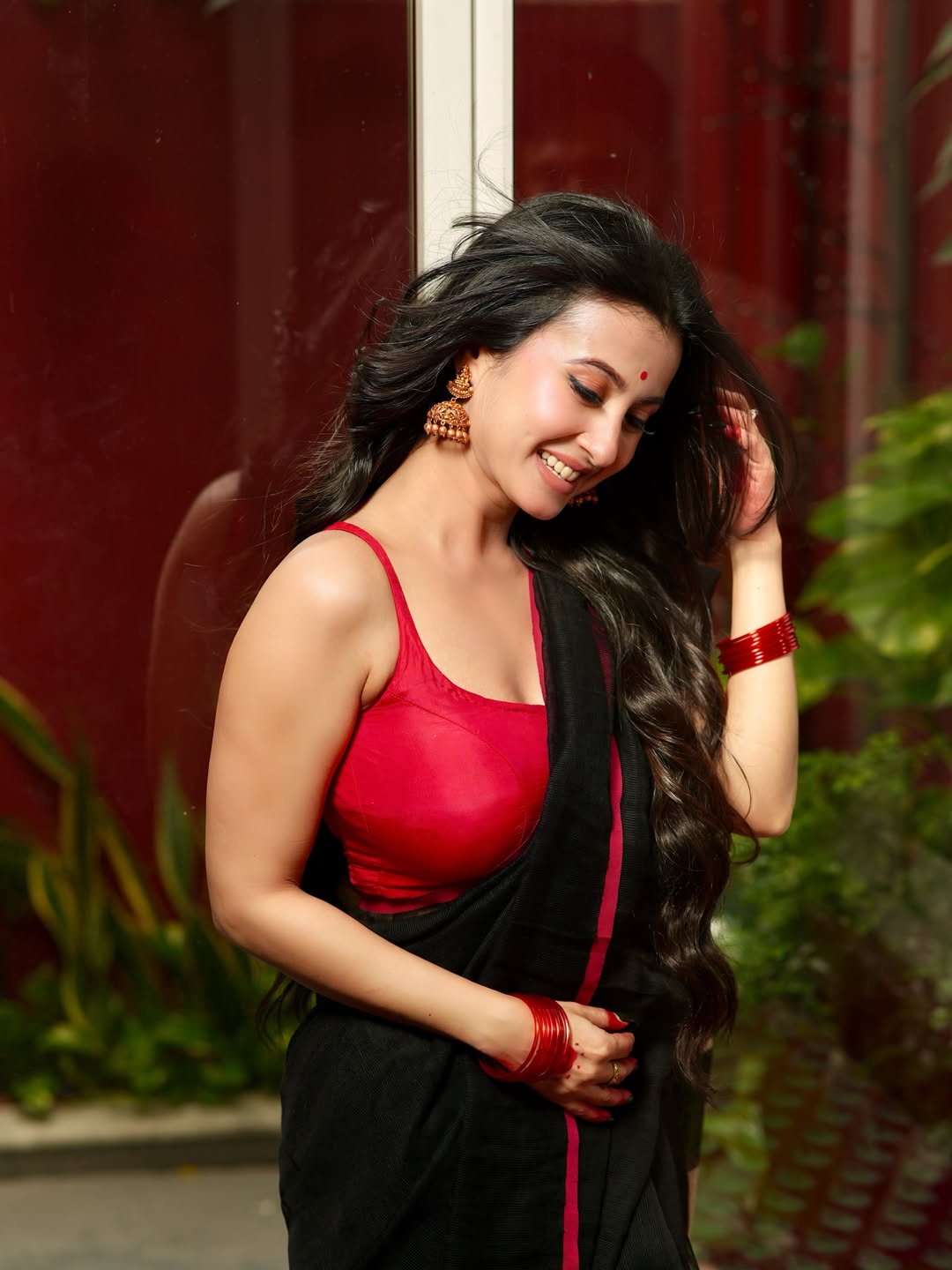 Monami Ghosh Monami Ghosh Shy Saree Smile Pose
