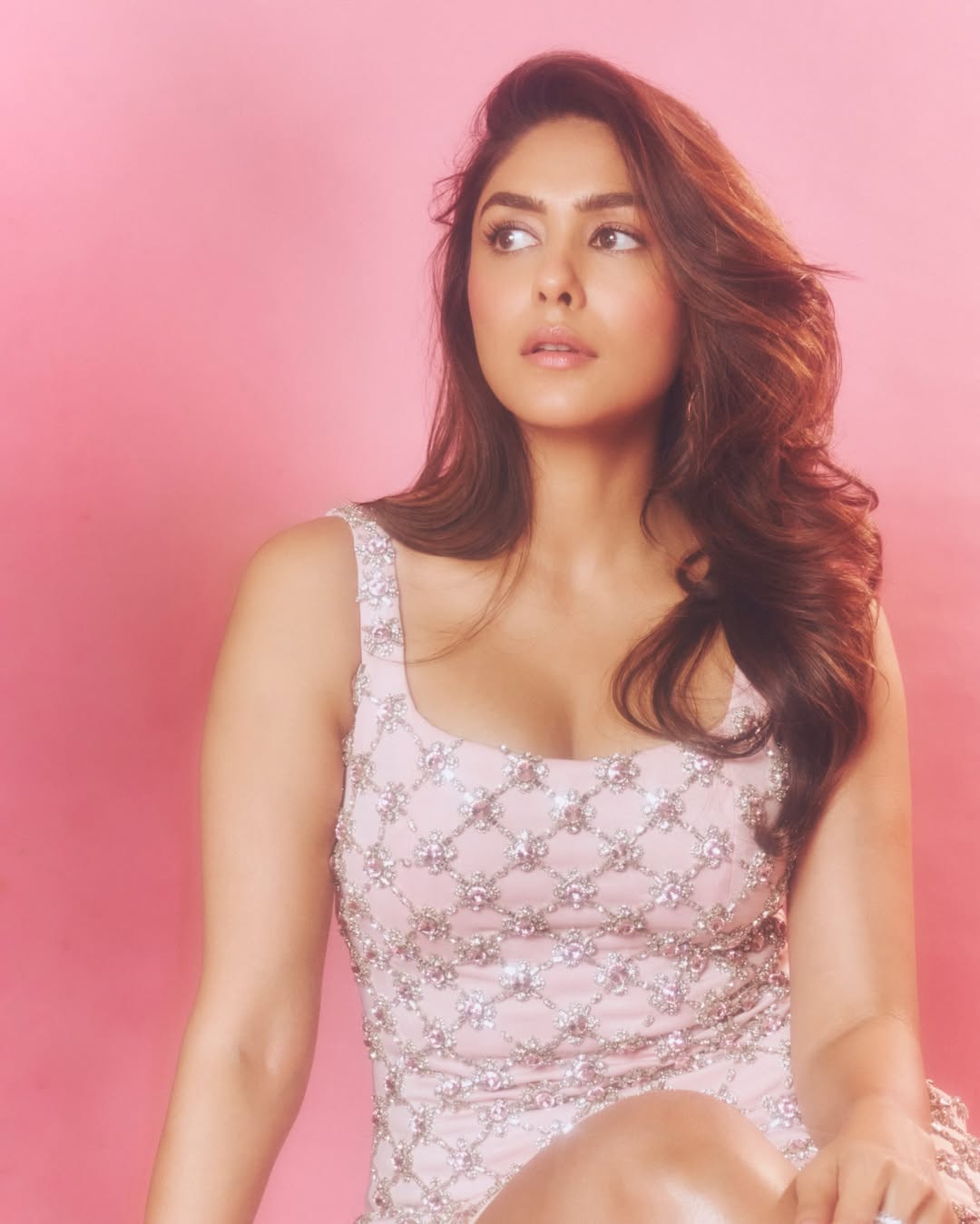 Mrunal Thakur In Sparkling Pink Glam Portrait Pose