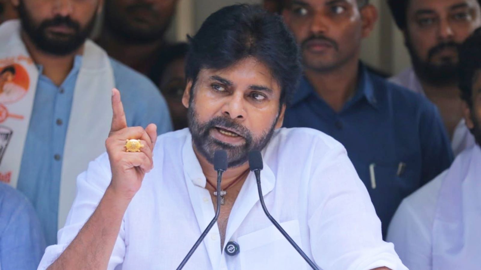 Pawan Kalyan addressing a press conference on Telangana politics and Janasena's future plans in Hyderabad.