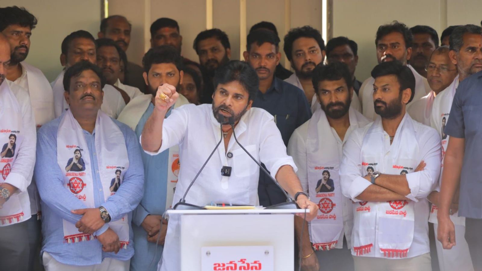 Pawan Kalyan speaking at a press conference in Hyderabad on Telangana politics and Janasena's future plans.