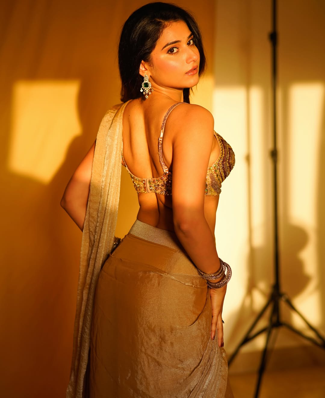 Prisha Singh Golden Saree Over The Shoulder Look