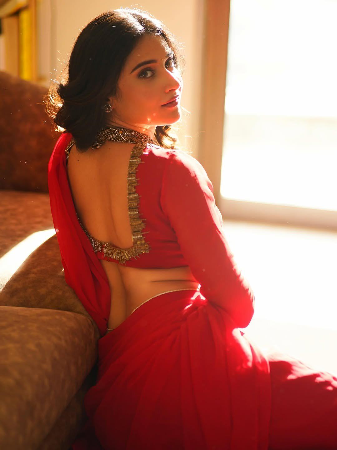 Prisha Singh In Red Saree Golden Blouse Accent
